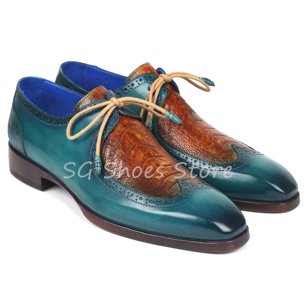 

Franch Style Mixed Color Splicing Leather Shoes for Men Retro Round Toe Low Heel Lace-Up Oxfords Male Wedding Dress Brogue Shoes