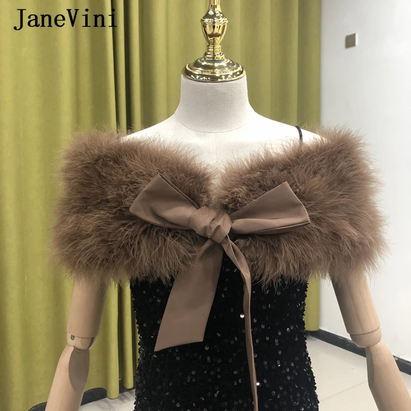 

JaneVini Fashion Coffee Ostrich Feathers Bolero Woman Elegant Wedding Cape Bridal Wraps Shawl Party Dress Stoles Bride Top Shrug