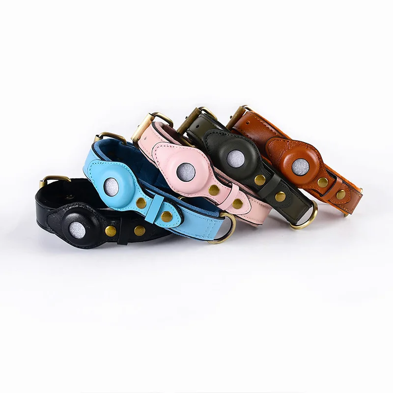 Leather Dog Collar with Airtag Holder Adjustable Pet Collar Anti-Lost Pets Collar for Dogs Gps Tracker Necklace Pet Accesories