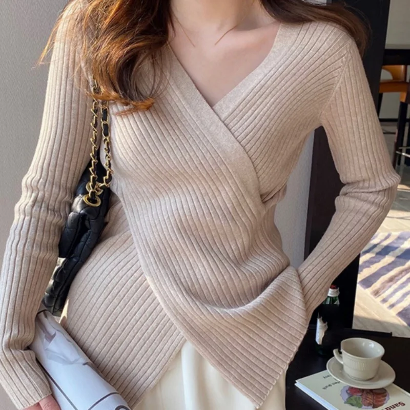 Autumn Winter Knitwear V-neck Tops Women Pullover Cross Asymmetrical Sweaters Female Long Sleeve Skinny Elastic Casual Shirts