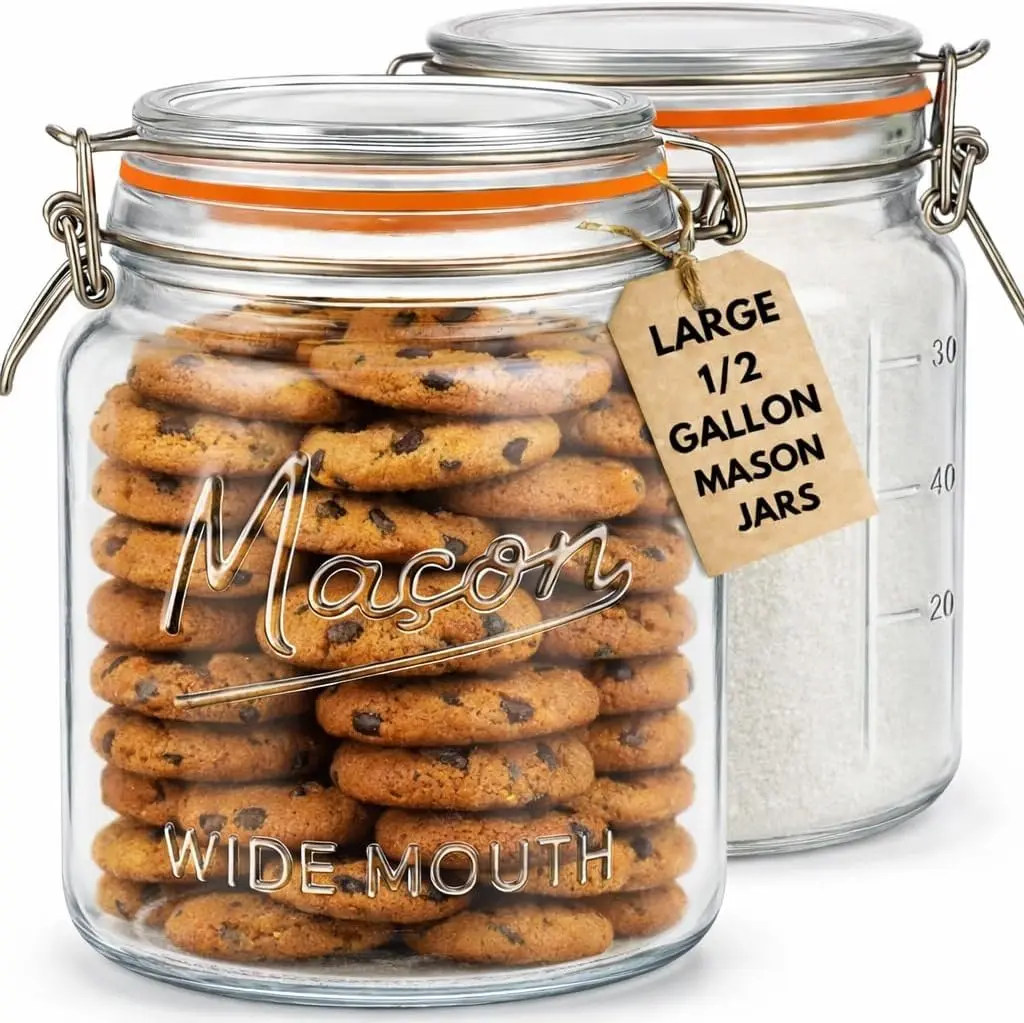 

Стеклянные банки с широким горлом и герметичными крышками, 64 унции (2,5 л) – Набор из 2 банок объемом полгаллона – Большие банки с крышками для кухни