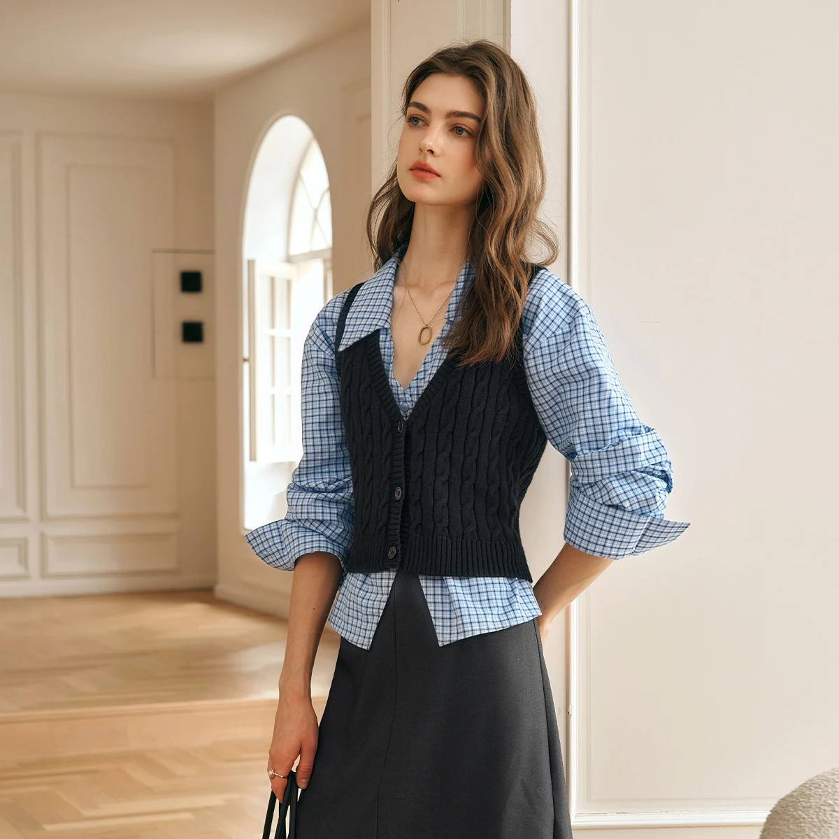 OLrain 100% Cotton Blue Plaid Womens Shirt 2025 Fashion Long Sleeve Turn Down Collar Button Slit Retro Slim Blouses M57CC95856