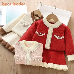 Bear Leader Red New Years Christmas Sweater Outfits Plain Knitted Girls Suit Fashion Cardigan Jacket + Skirt Two Piece Sets