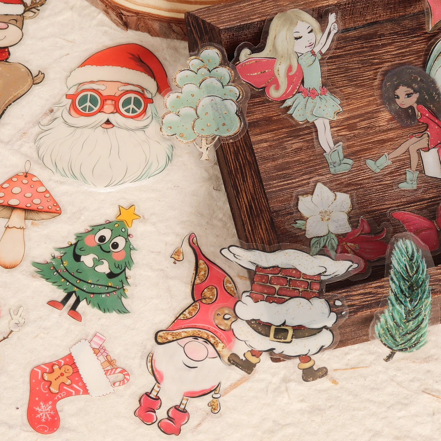 64 Stück Kunstdruckpapier und PET-Weihnachtsfee, transparenter selbstklebender Aufkleber, für Weihnachtsdekoration, Scrapbooking-Zubehör – Detail 6