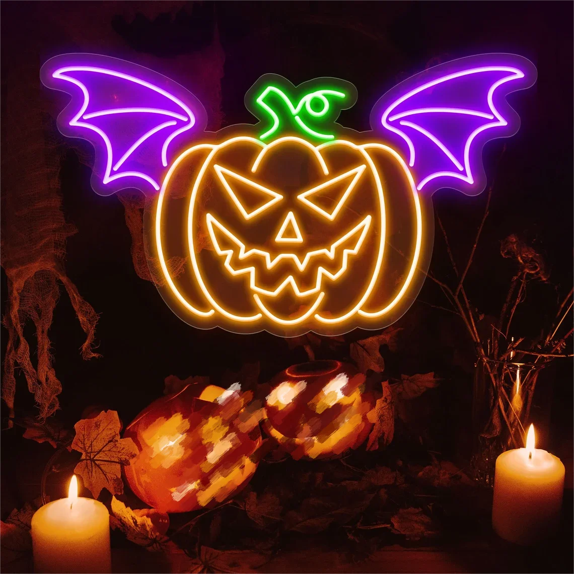 Pumpkin Bat LED Neon Sign, Decoração do quarto de Halloween, Home Party, Quarto, Bar, Clube, Sinais reguláveis, USB Powered Wall Lamp