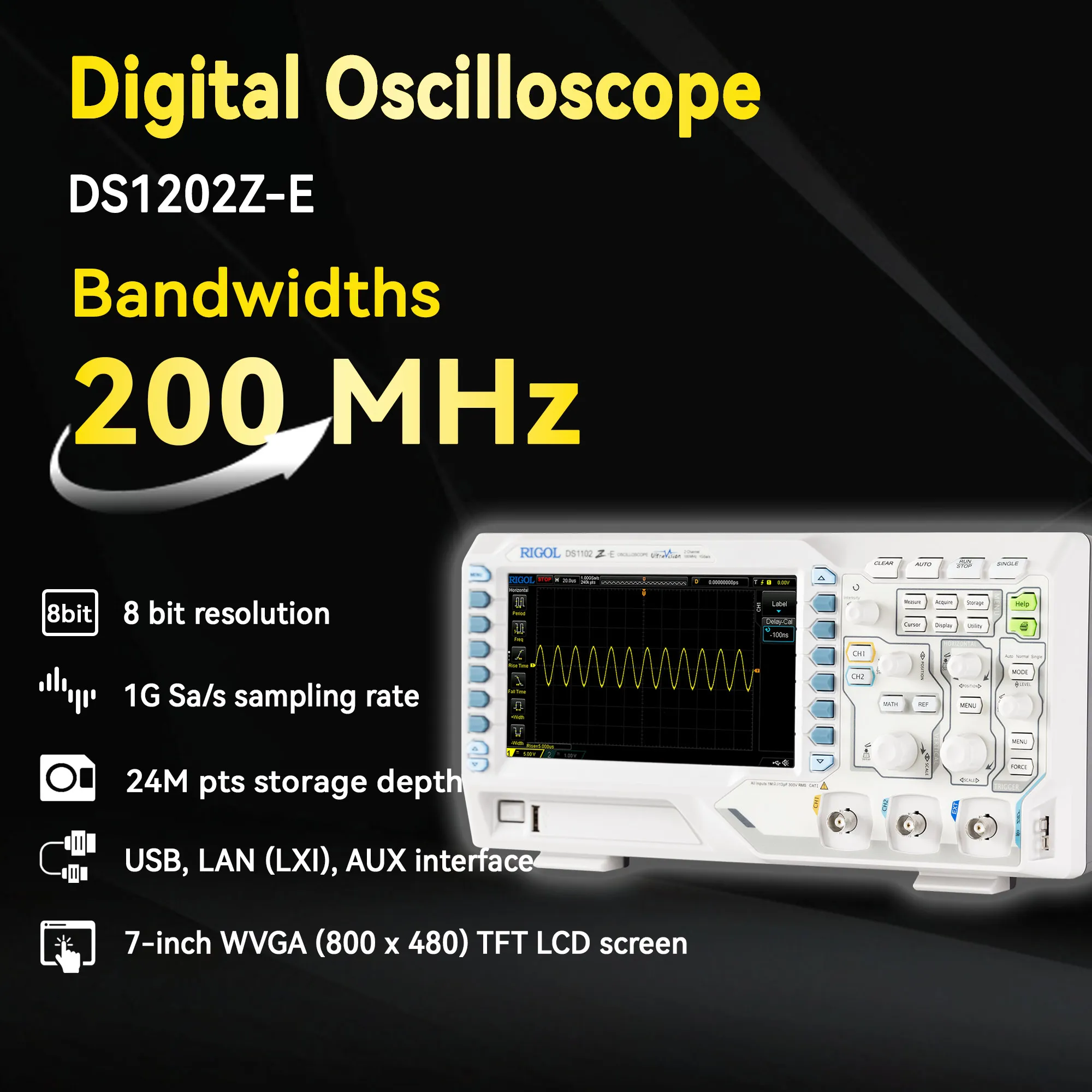 RIGOL DS1102Z-E/DS1202Z-E Digital Oscilloscope 100-200MHz,1G Sa/s,24Mpts,2CH,Support RS232/UART,I2C,SPI