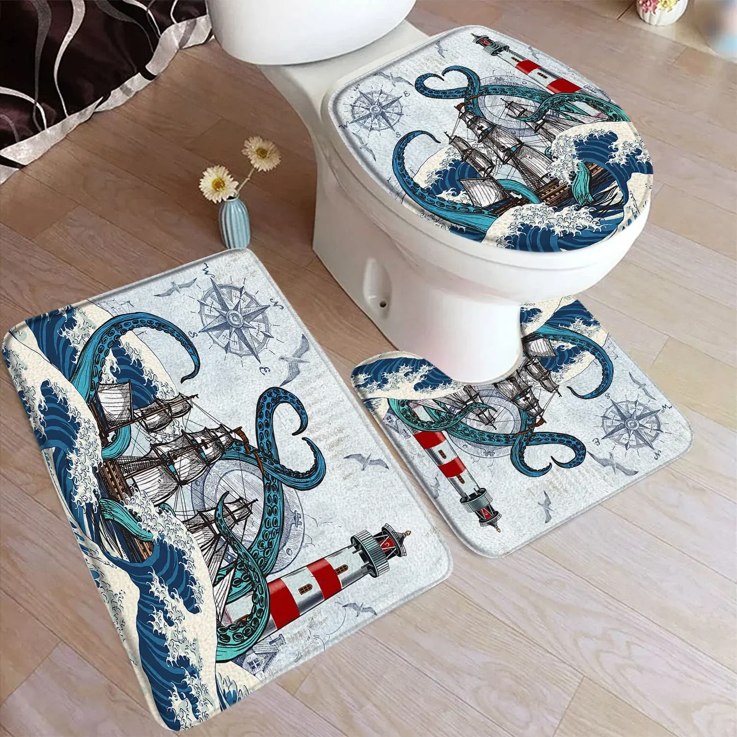 Ocean Octopus Bath Mat Set Sea Turtle Seahorse Vintage Nautical Map Sailboat Home Carpet Bathroom Decor Floor Rugs Toilet Cover