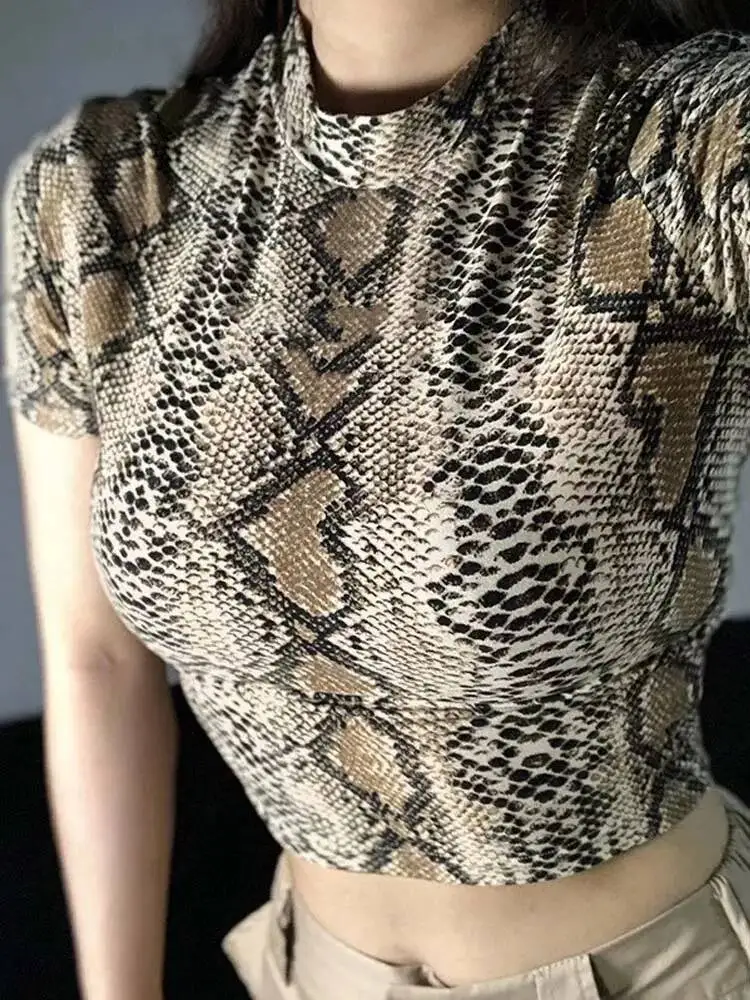 Sexy Vrouwen Snake Print Slim Primer Hoge Kraag Vest Haruku Crop Tank Top T-shirt Femme Meisjes Camis Tops
