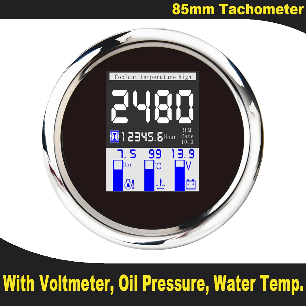 

Universal 85mm Multi-functional Gauge Meter Digital Tachometer 9-32V Water Temp Oil Pressure 0~10Bar With Alarm