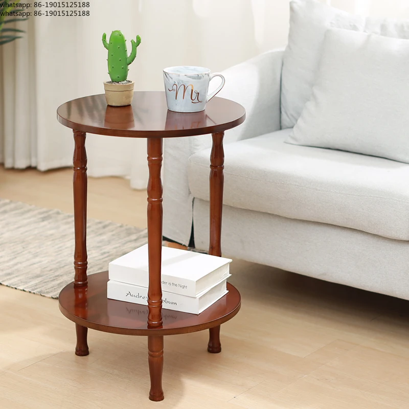 Solid Wood Round End Table Balcony Side Table Bedside Two Layers Coffee Table Handcrafted Small Wooden Desk