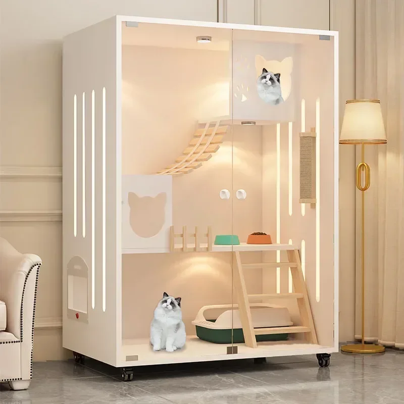 

Premium Cream Style Pet Shop Cat Cage Density Board Cat House Double Layer Large Space Glass Door Light
