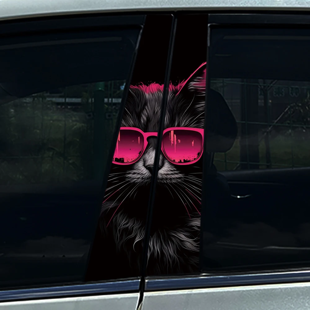 2PCS 3D Cyber Cat Car B Pillar Sticker, Pink Sunglasses Upgrade PET Material, Waterproof Customizable Auto Decal Universal Fit