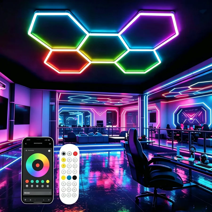 Lampe de garage LED hexagonale RGBW, lumière multicolore et blanche, télécommande par application, lampe de plafond pour la maison, les fêtes, les bars, les studios, les salles de jeux, éclairage décoratif