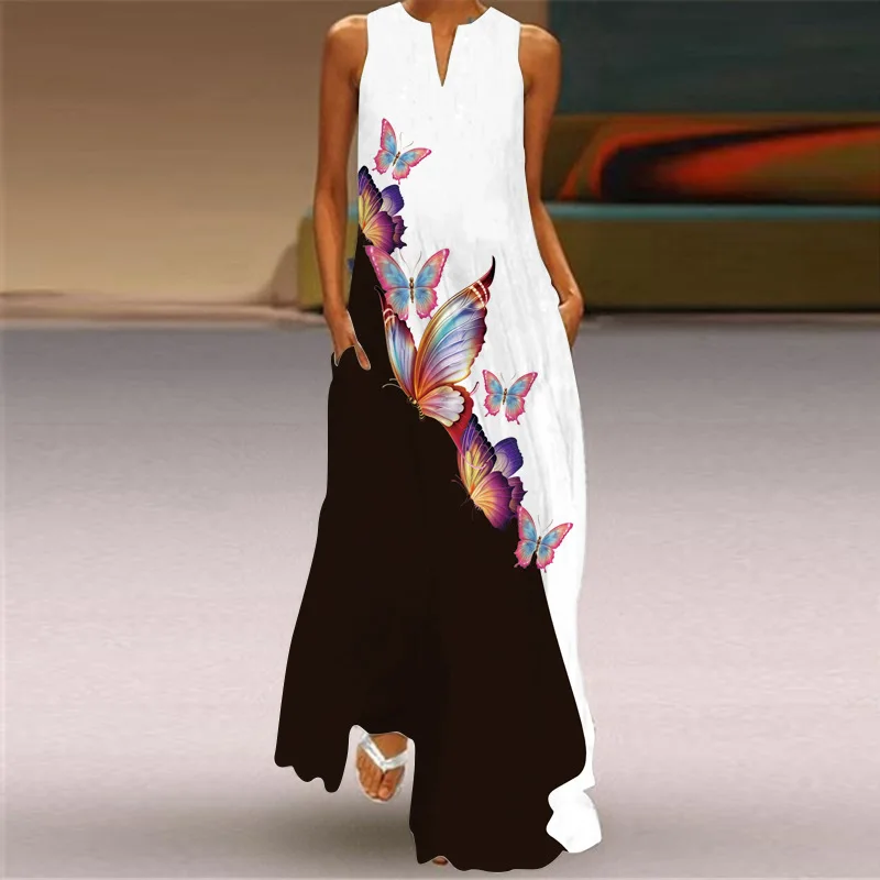 Loose Women\'s Gradient Printed Sleeveless Long Dress 2024 New Summer Fashion Printed Sexy Insert Pocket Maxi Dress Femme Robe