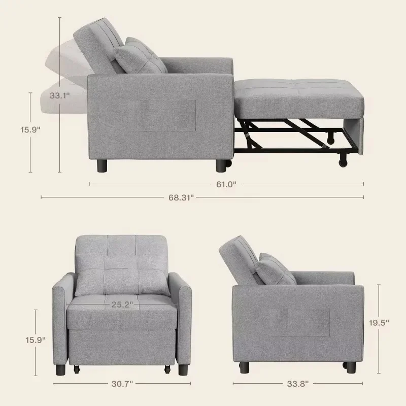 Sleeper Sofa Chair Bed, Convertible Sofa 3-in-1, Adjustable  Pullout with Modern Linen Fabric