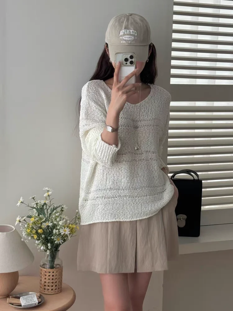 

Women's Summer Loose Slimming V-Ne Long Sve Hollow Knitted Sweater Faionable Color Commute Sle Korean Version