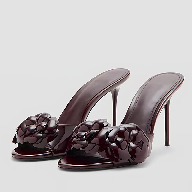 

Liyke Brown Patent Leather Flower Fashion Thin High Heels Slippers For Women Open Toe Banquet Party Shoes Ladies Sandalias Mujer