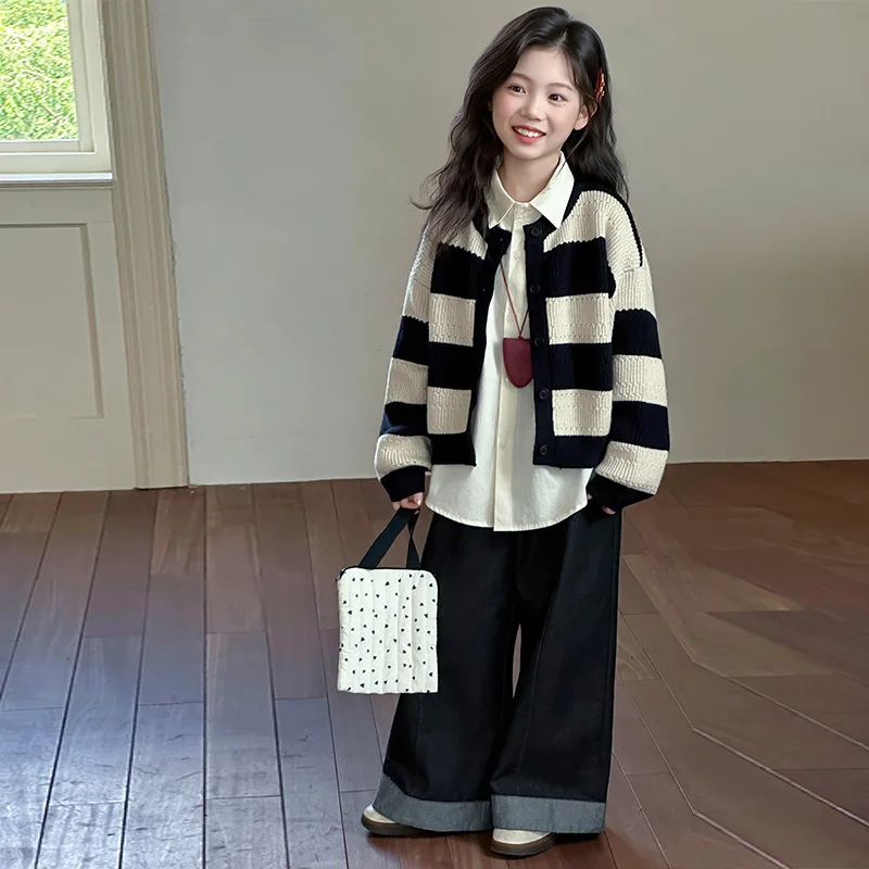

School Girls 3pcs Outfit Autumn Korean Turn Down Collar T-shirt+Striped Knitted Coat+Patchwork Wide Leg Jean Children Girls Sets