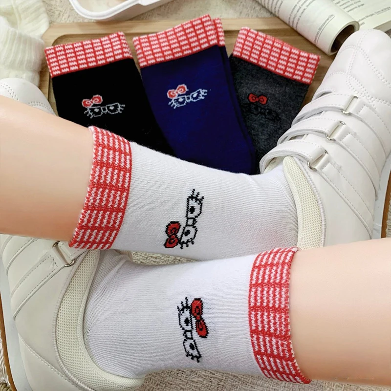 

Cute HelloKitty Plaid Mid-Calf Socks Women's Embroidered Butterfly Knot Turn-down Cartoon Socks Versatile Trendy