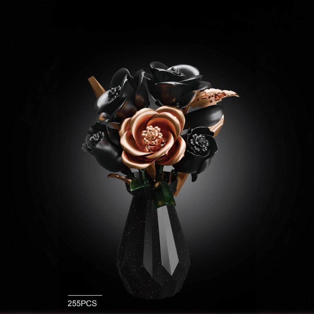 

MOC Black Gold And White Rose With Vase Building Block Set Art Ornament Rare Flower Plant Toy For Children Birthday Holiday Gift