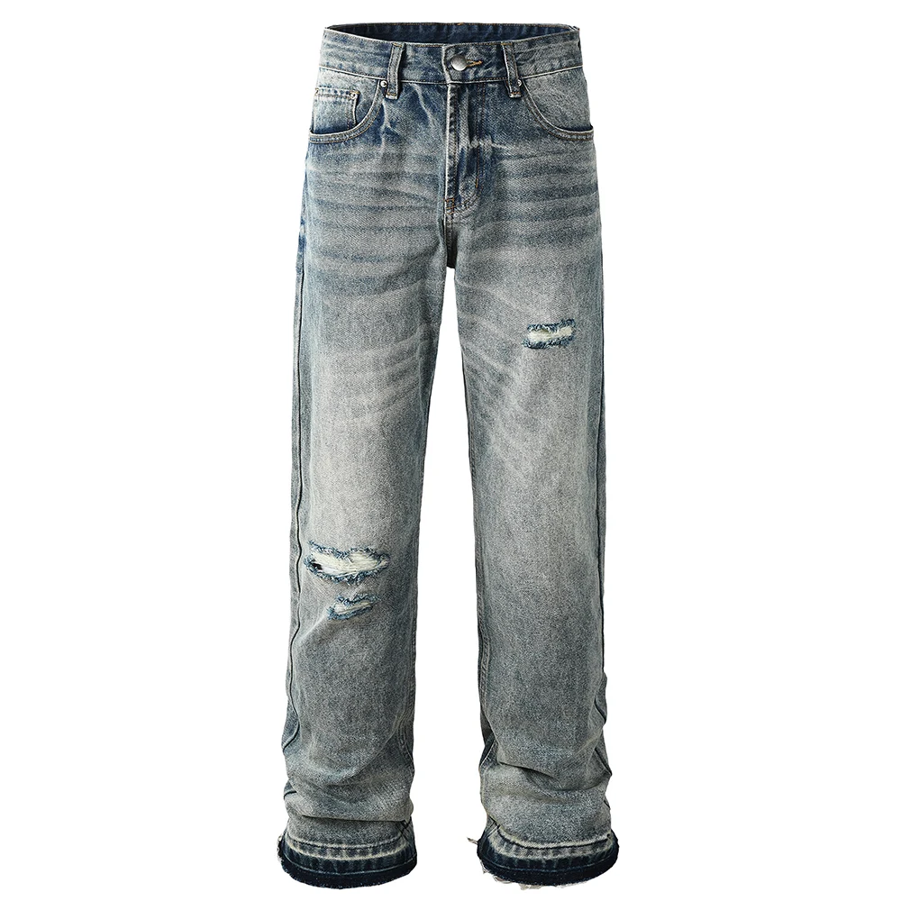 

Мужские винтажные синие рваные джинсы с необработанным краем, свободные прямые брюки, высококачественные джинсы с дырками и эффектом потертости