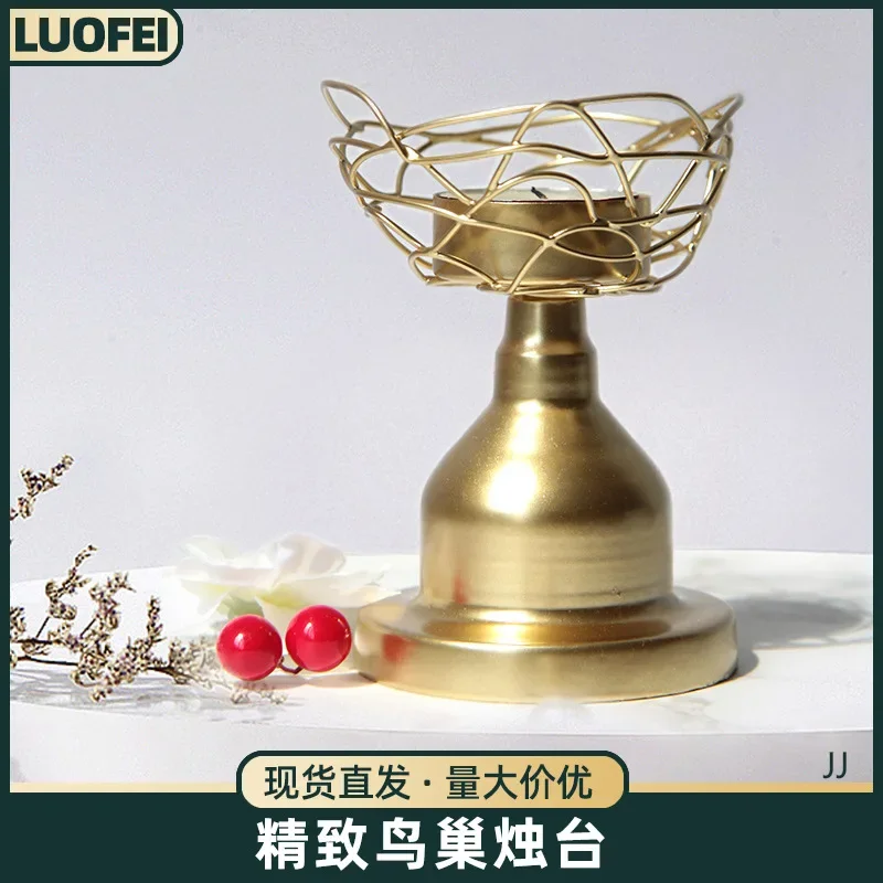 Simple light luxury gold Nordic candlestick ornament wedding shooting props European American home dining table Bird's Nest cand