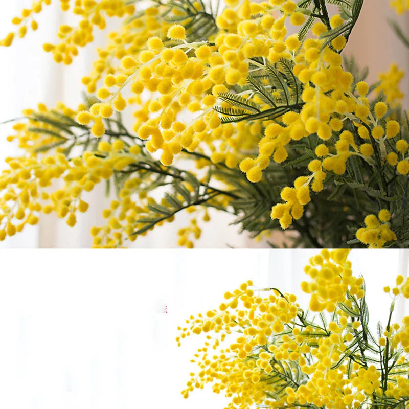 86ซม.3ฟอร์กประดิษฐ์ Acacia สีเหลือง Mimosa Plush Pudica สเปรย์เชอร์รี่ปลอมดอกไม้ผ้าไหมงานแต่งงาน Party Decor Red Bean พืช