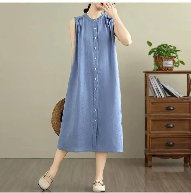 فستان من القطن والكتان للنساء بدون أكمام كاجوال فضفاض صيفي ملابس الشارع على الطراز الكوري فستان عتيق بطول الساق