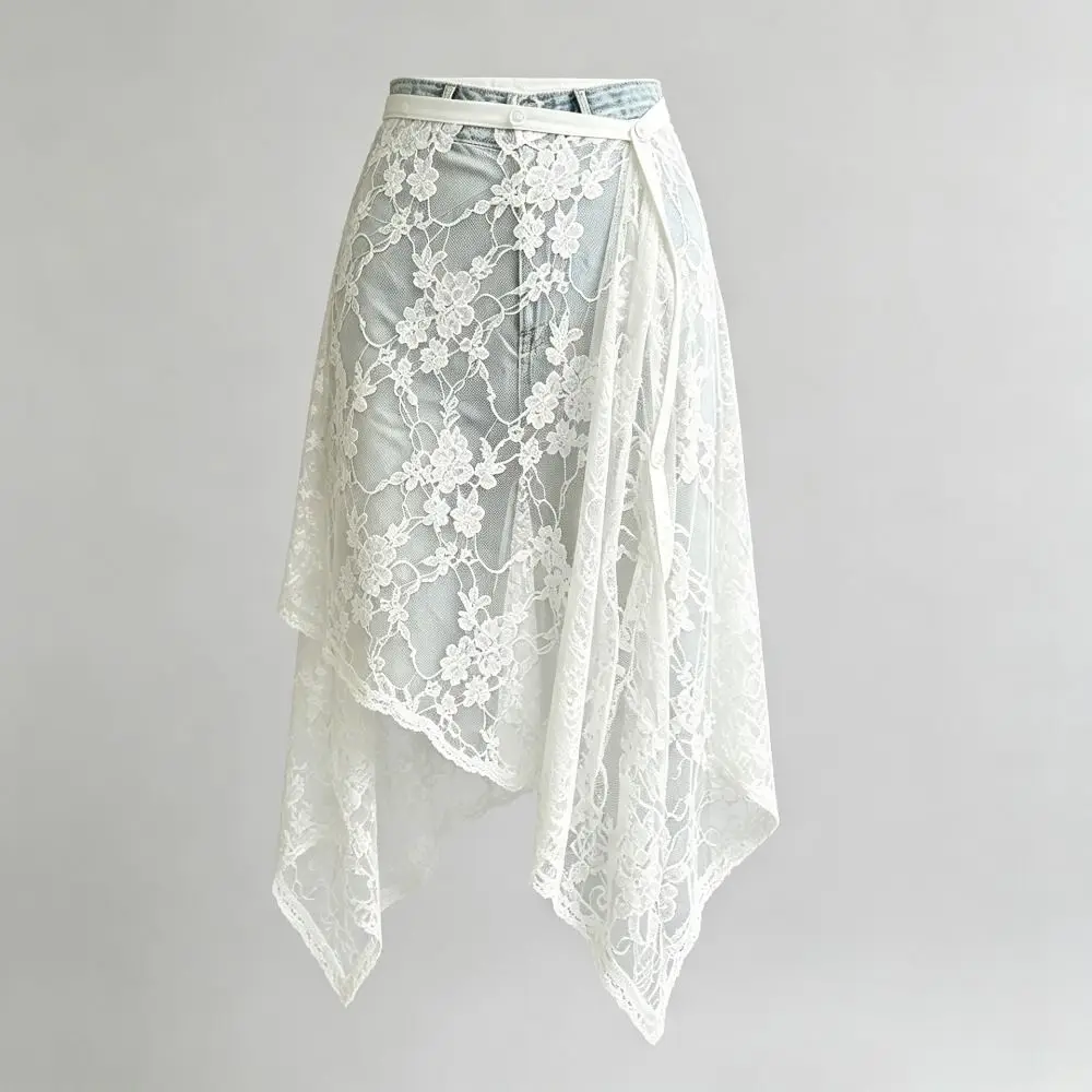 High Waist Lace Midi Skirt Embroidered Flower Irregular Side Slit Lace Drawstring Skirt Y2K Streetwear Harajuku
