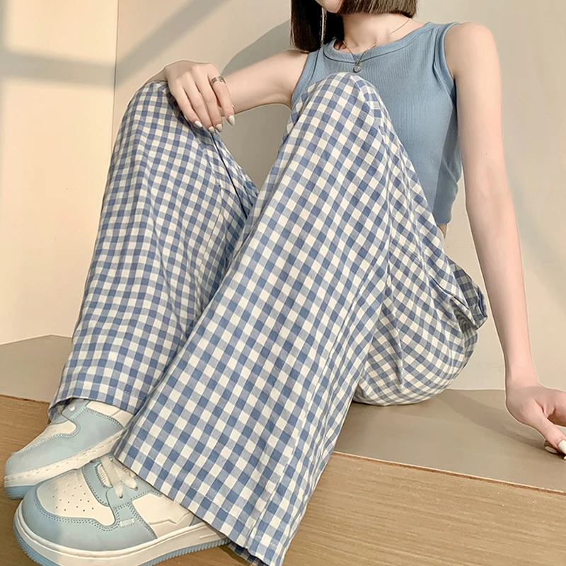 

Лето 2025 г., тонкие широкие брюки в клетку в стиле ретро с высокой талией, женские повседневные свободные универсальные драпированные женские брюки для мытья полов