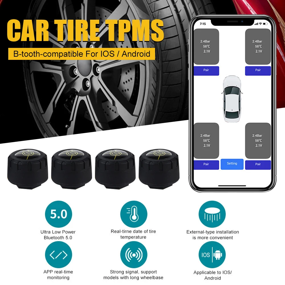 Smart Tire Pressure Monitoring System Bluetooth TPMS External Sensors Real-time Pressure and Temperature Sensor for Android/iOS