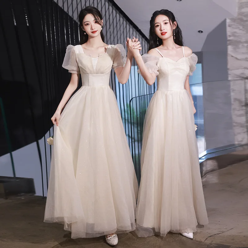 

4 Styles Champagne Bridesmaid Dresses Sister Group Wedding Guest Party Long Dress Fashion Formal Occasion Organza Dress