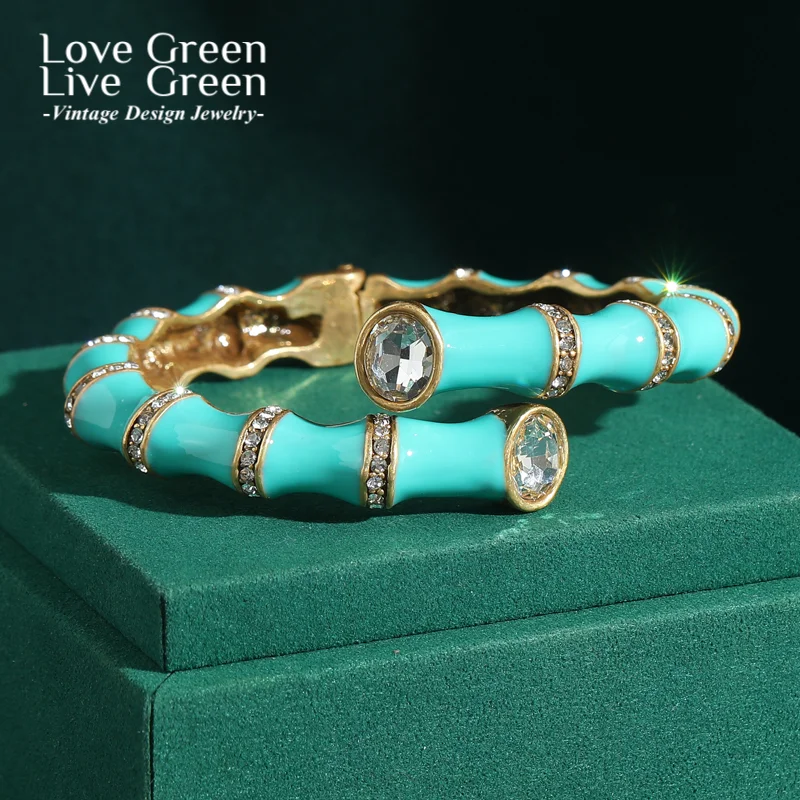 

Vintage Enamel Bamboo Bracelet Bangle Crystal Antique Gold Color Elasticity Accessories Luxury Branded Jewelry Heavy Industry