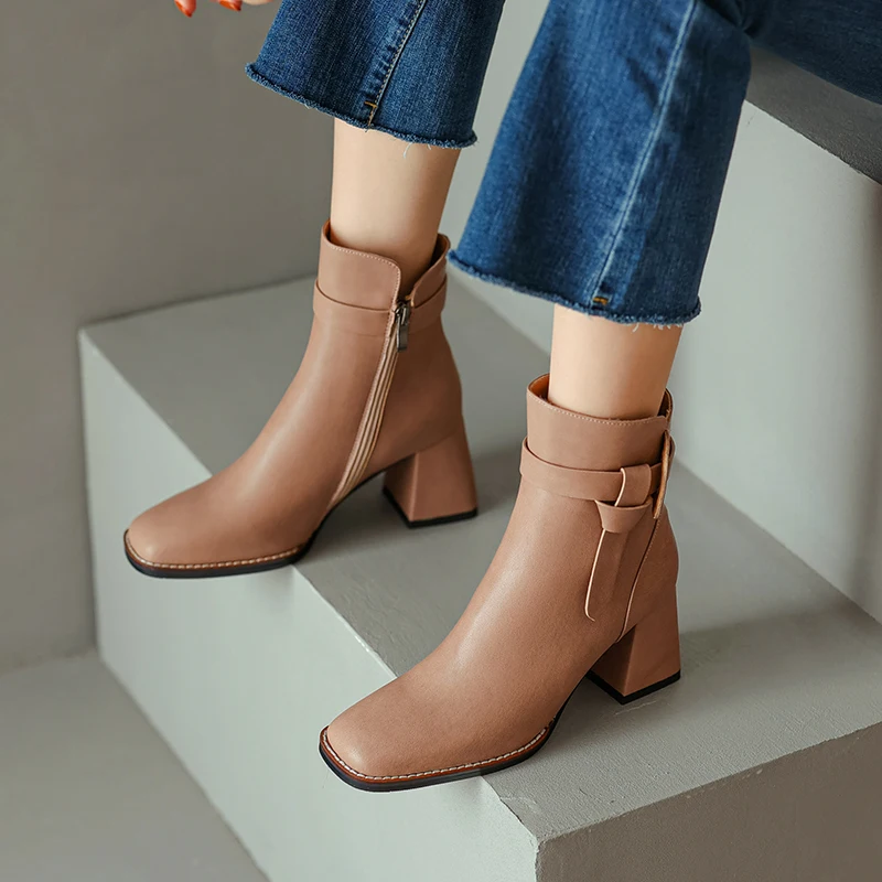 2022 Autumn/winter Women Boots Square Toe Chunky Heel Shoes Split Leather Short Boots for Women Side Zip High Heel Retro Boots