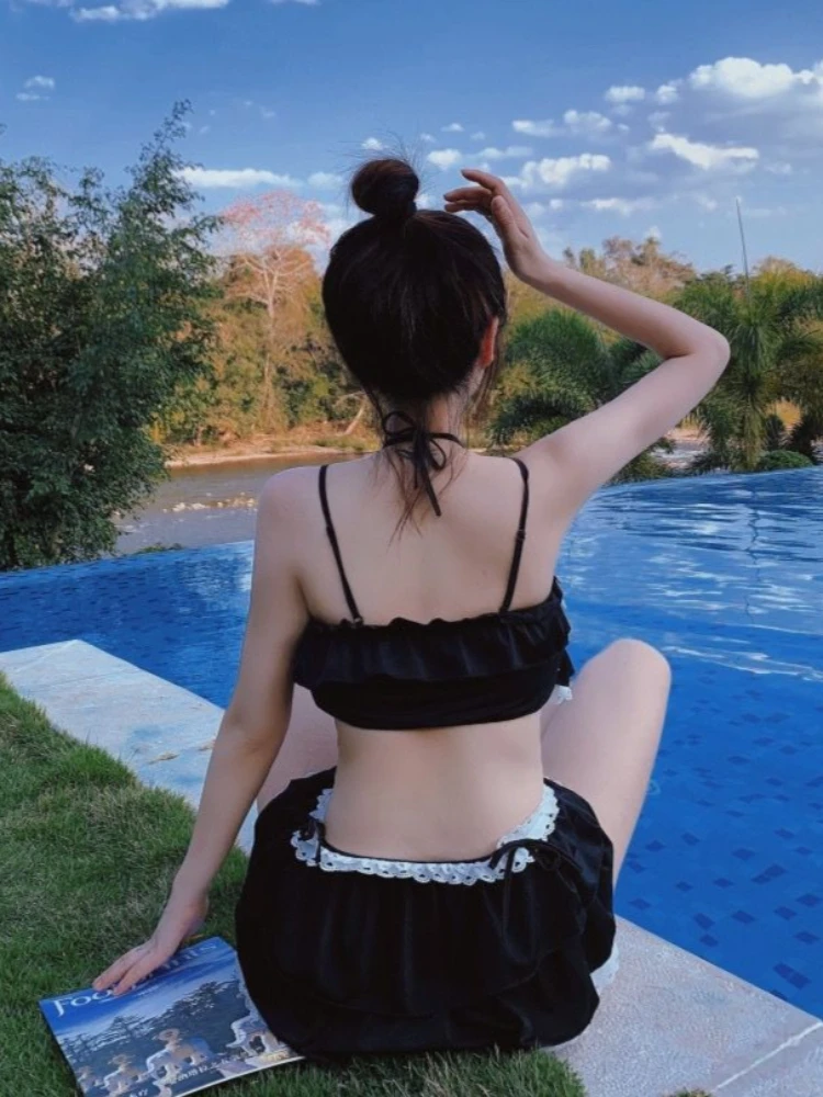 Sweet Kawaii Japanese Unique 2 Piece Swimwear Set Women Lace Ruffle Spaghetti Strap Crop Top Skirt Slim Fit Vacation Outfit 2026 view 3