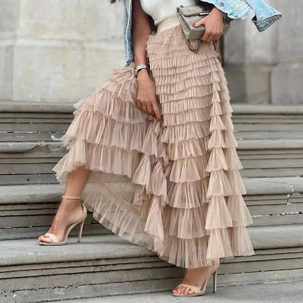 

High-Waist Elastic Waist Long Skirt 2023 Women A-Line Ankle Length Loose Elegant Solid Color Cake Party Skirt Streetwear 스커트