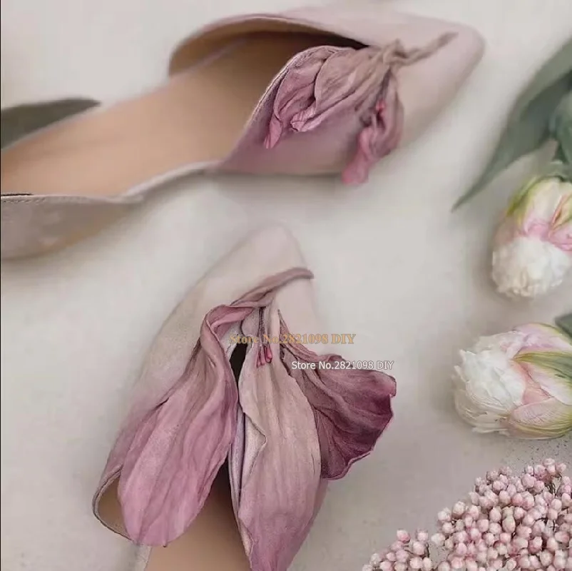 Blue Pink Flower Petal Decor Ballet Flats Slip On Flat Shoes Women Pointed Toe Corsage Ladies Casual Shoes