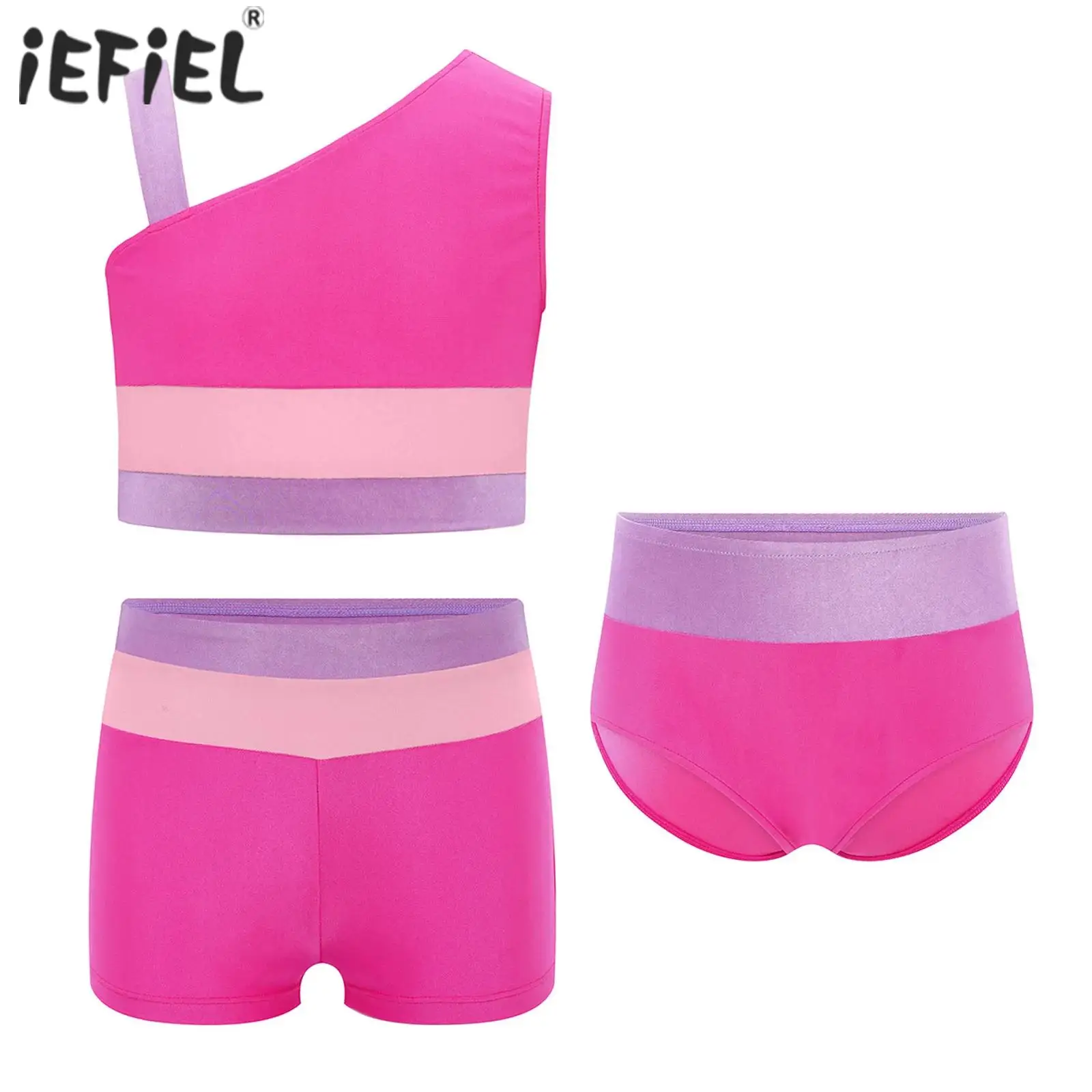 Kids Girls Ballet Sets Gymnastics Dancewear Sports Costume Sleeveless Asymmetrical Color Block Crop Top with Briefs and Shorts