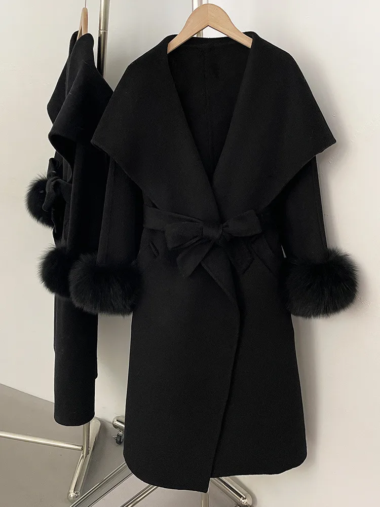 معطف نسائي أنيق من مزيج الصوف من ZMEENNA مع ياقة شلال وحزام ربط قابل للفصل وأصفاد من الفرو ملابس خارجية شتوية ZM4711