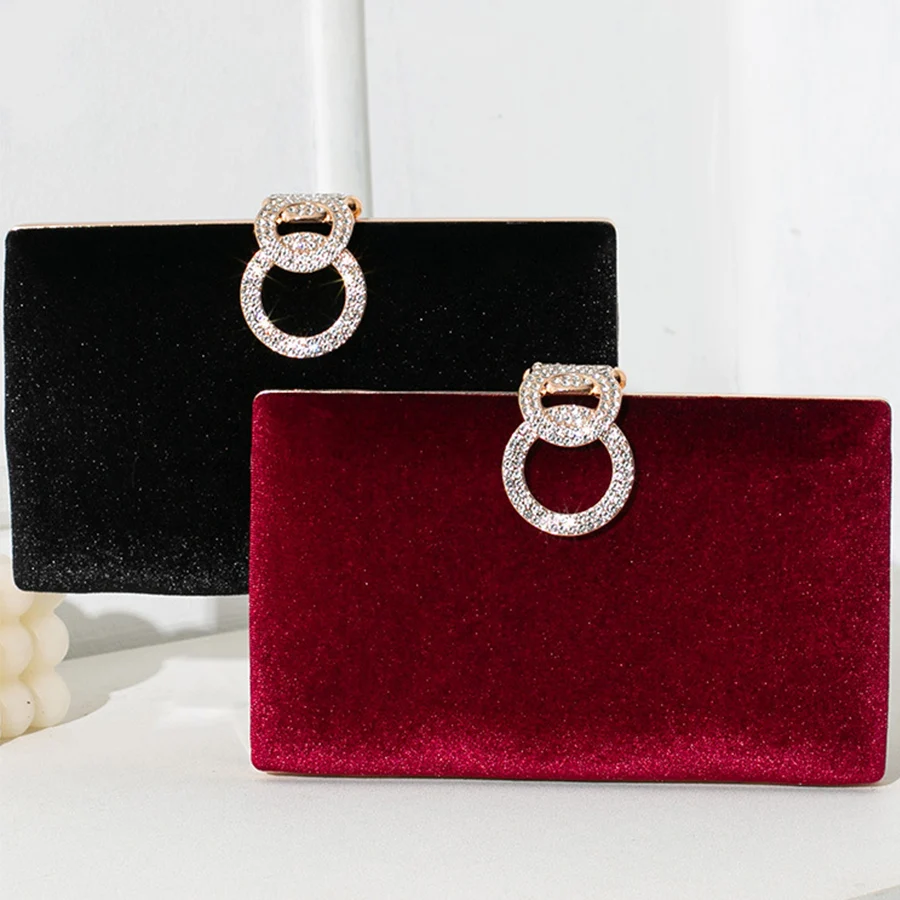

Fashion Premium Velvet Handbag for Women Retro Wine red Black Round Rhinestone Decorated Evening Bags Prom Party Small Clutch