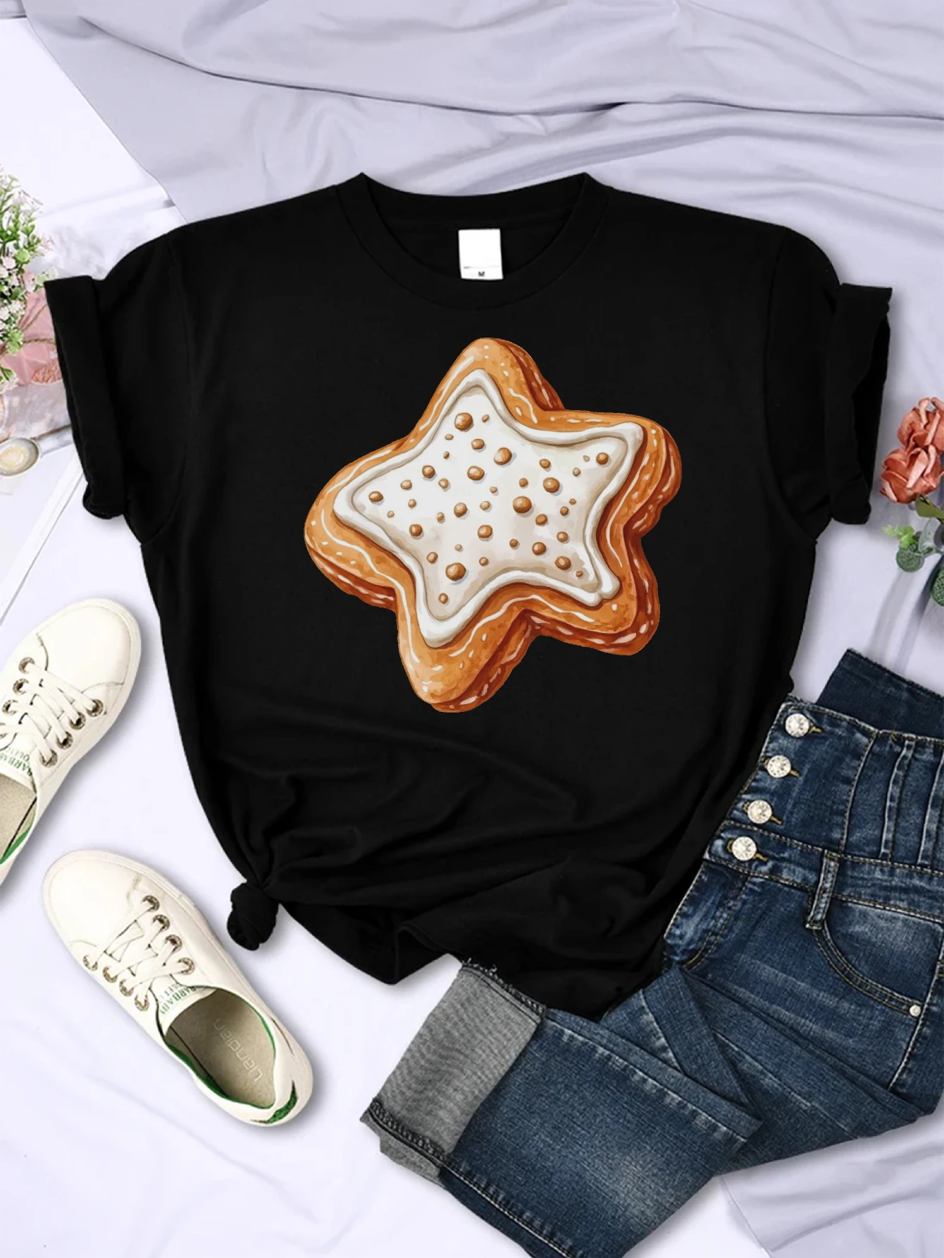 Camiseta navideña con cuello redondo y estampado navideño de bastones de caramelo para unisex, cómoda, holgada, multicolor