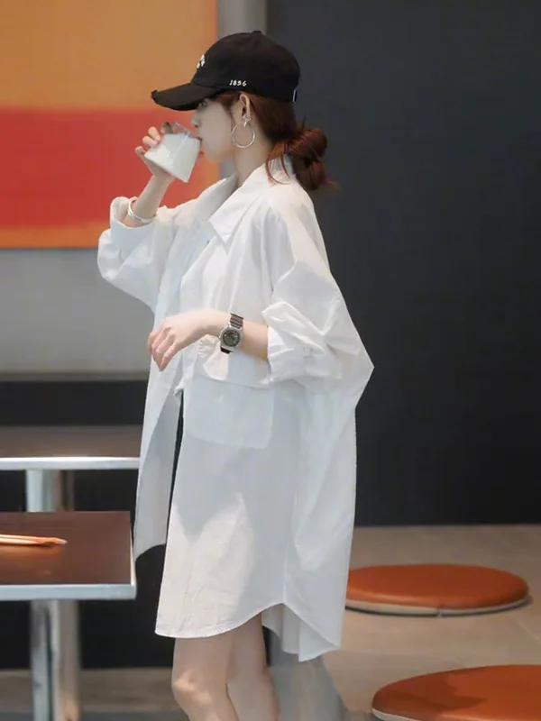 

White Loose Women's Summer Shirt Sun Protection Casual Style Cover Butt Midi Length Sleeve Long Collar Button down Coat
