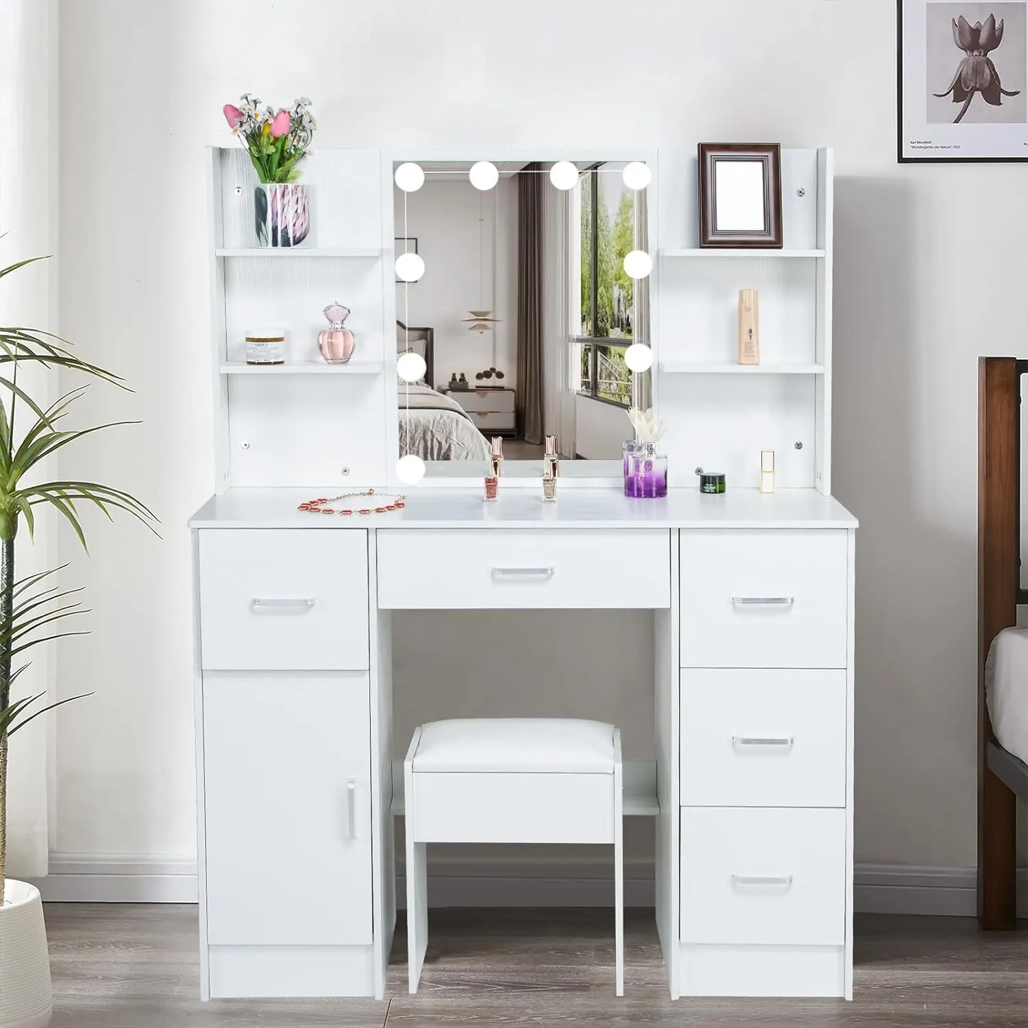 Vanity Desk with Lights and Mirror, Makeup Vanity Dressing Table with 5 Drawers & 1 Cabinet, Large Vanity with Cushioned Stool S