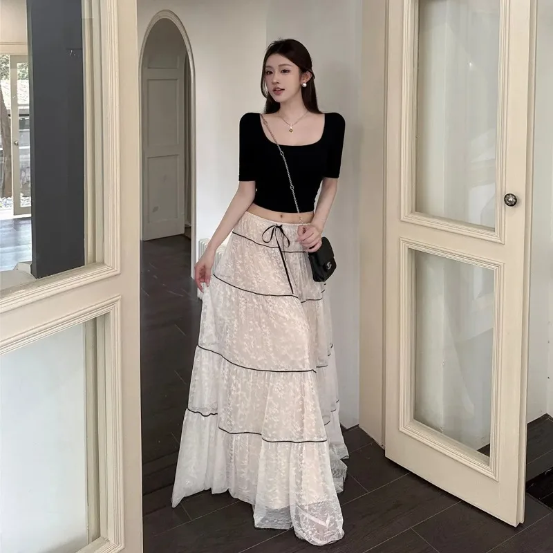 

French Elegant Women Square Neck Crop Top And Contrast Lace Tiered Maxi Skirt Two Piece Outfit