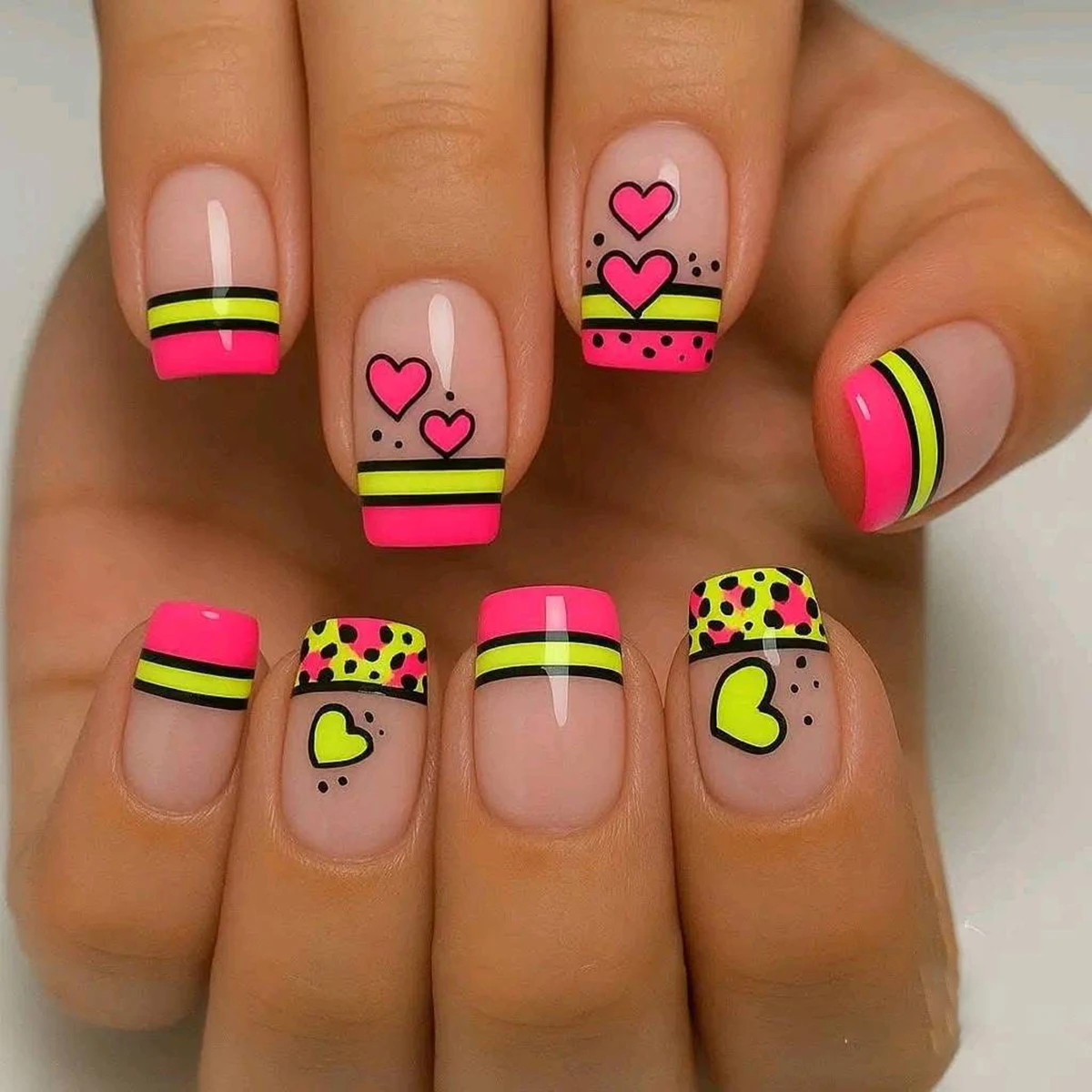 Short Square Nude Base Neon Pink Yellow French Tip Press On Nails Cartoon Graffiti Heart Print, Black Dot Accents & Neon Leopard Print Bright Y2K Vibrant Fake Nail Tips Women Cool Summer Party Manicure Set