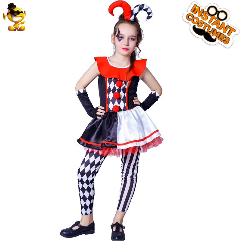 

Kids Evil Clown Costume Girls Cosplay Colourful Clothing Halloween Party Purim Fancy Dress Child Scary Clown Outfits