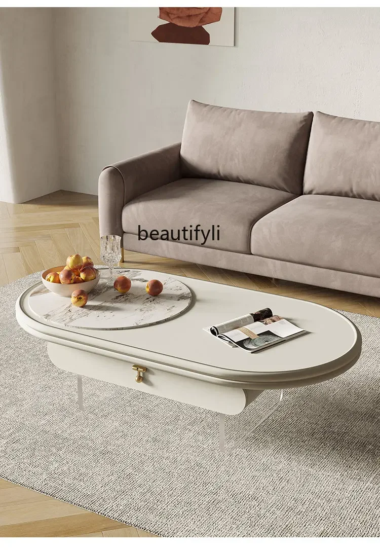 Stone Plate Coffee Table Light Luxury Modern Living Room Home Oval Acrylic Milky White Small Table with Drawer