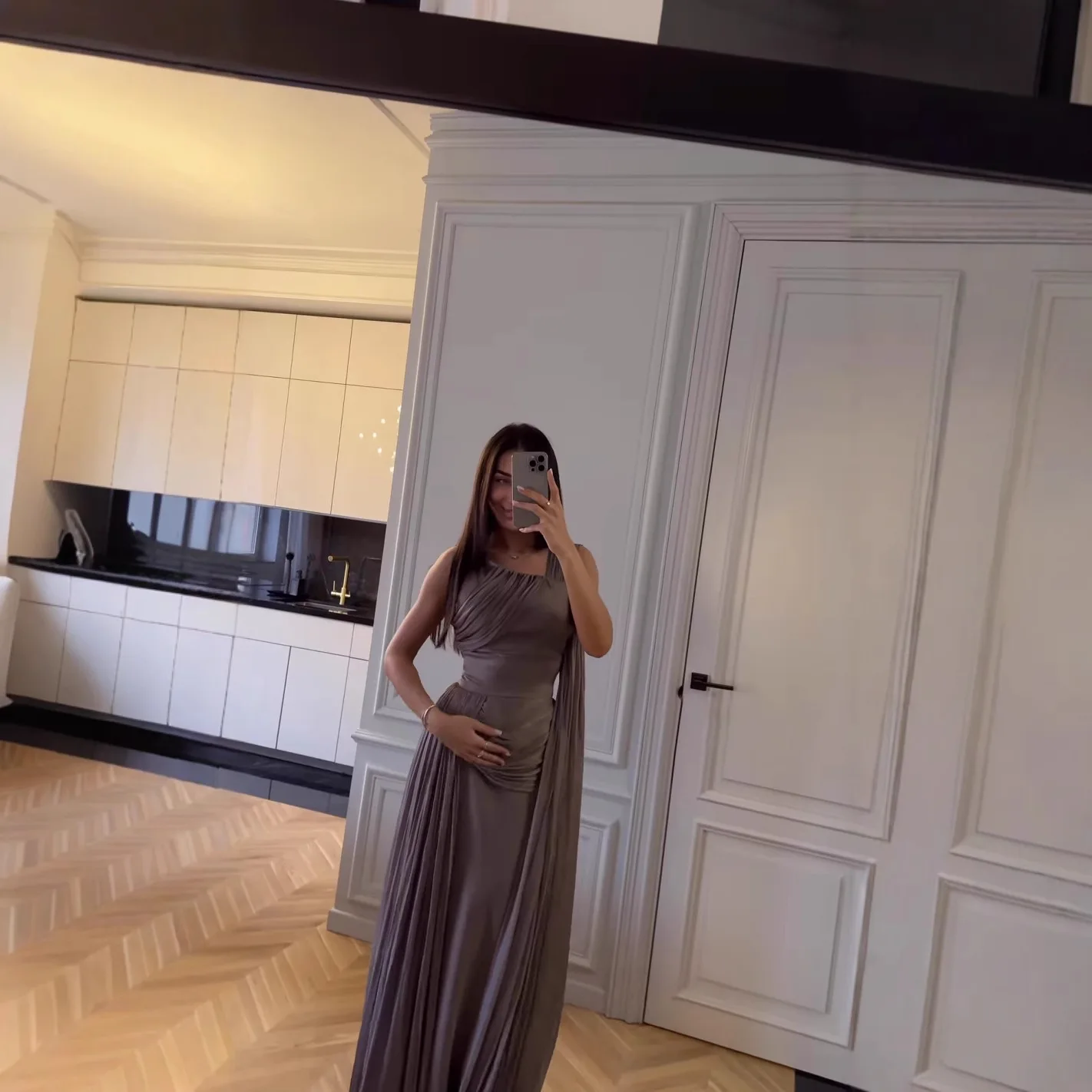 Wein Lady Female Folded Ribbon Satin Evening Dress Casual grey Party Formal Women Solid Evening Vestidos Elegantes Para Mujer