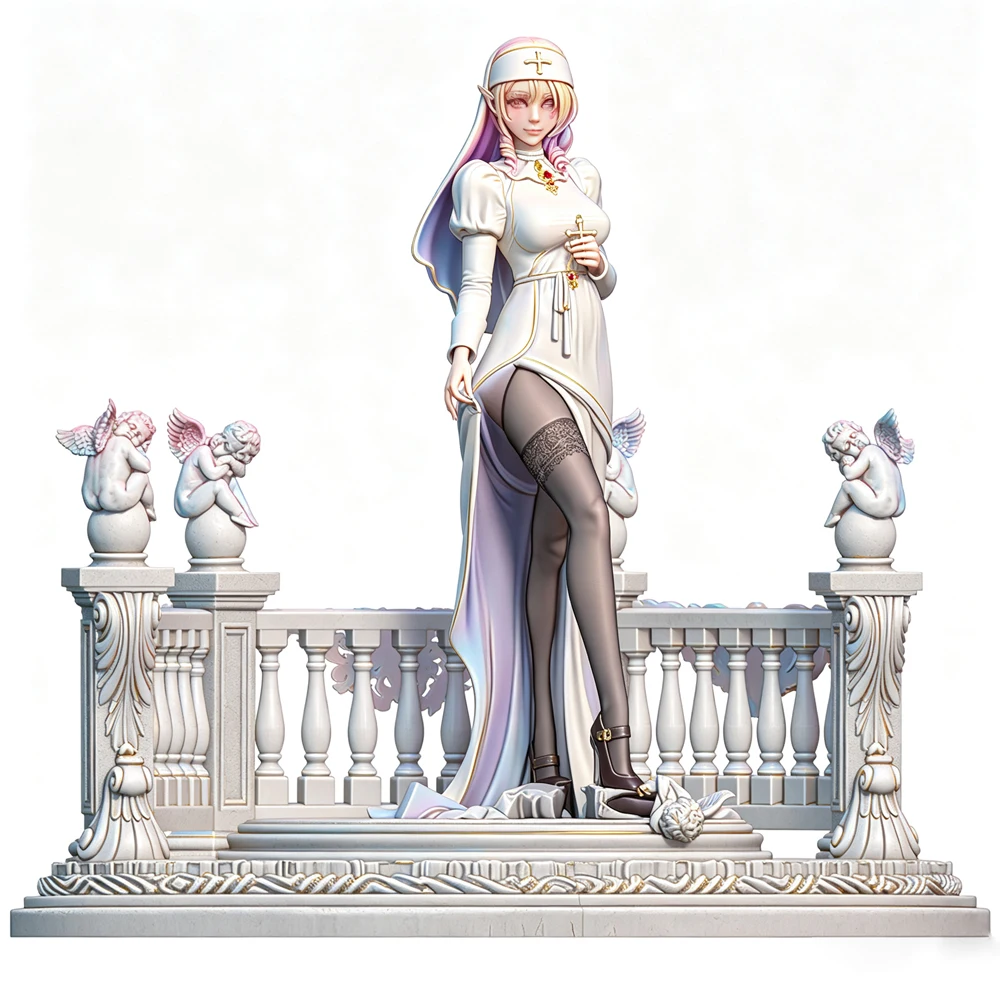 Elf Clergy Lady With Cross Ornament Cherub Balcony Base 1/24 Unpainted Resin Figure Kit 3D Print DIY Statue Toys
