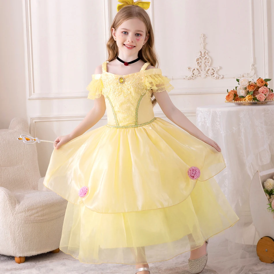 Vestido de Cosplay de bella para niñas, ropa de fantasía, La Bella y La Bestia, fiesta de cumpleaños, hombros descubiertos, nuevo, 2-10T